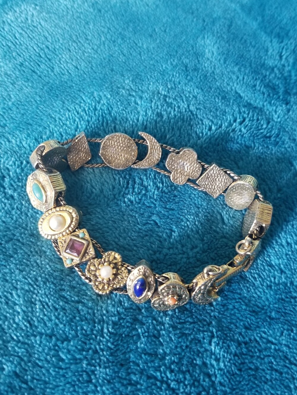 Vintage Signed Goldette NY Victorian Revival Charm Slide Bracelet